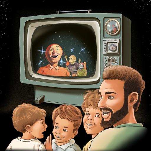 two heads sitting ON TOP of an 80s TV set being watched by a 1950s family, the heads are NOT inside the TV, they are SEPARATE objects placed ON TOP of the TV set, the family are watching with joy and wonder, in space, 1980s, 1950s, 70’s puppets, 8mm, early computer graphics, JCA annual, airbrush --v 5