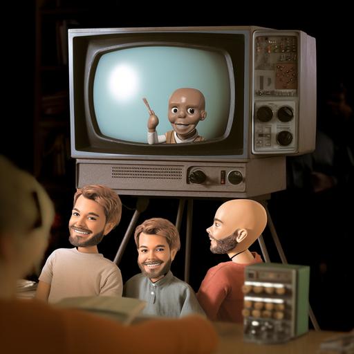 two heads sitting on top of an 80s TV set being watched by a family, the heads are NOT inside the TV, they are SEPARATE objects placed ON TOP of the TV set, the family are watching with joy and wonder, in space, 1980s, 1950s, 70’s puppets, 8mm, early computer graphics, JCA annual, airbrush --v 5