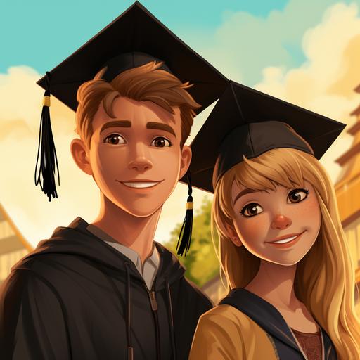 two high school kids one blonde guy with green eye and one brown hair girl with brown eyes,graduating year 2024,high school, cartoon,hornet,black and yellow colors