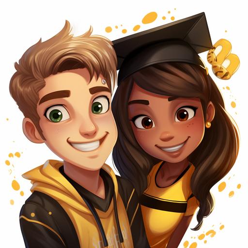 two high school kids one blonde guy with green eye and one brown hair girl with brown eyes,graduating year 2024,high school, cartoon,hornet,black and yellow colors