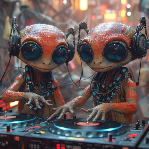 two highly stylized cyberpunk humanoid female geckos as DJs, wearing neon sunglasses, big neon headphones and neon necklaces, standing behind cyberpunk turntables, touching one record. Huge loudspeakers left and right of him. Mainly red and orange colours/ambience. Hyperrealistic, movie still by Wes Anderson --v 6.0 --style raw --s 750