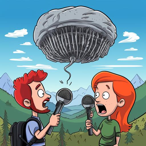 two hikers named juliana and zach, cartoon, in front of microphone, red hair, arguing about aliens