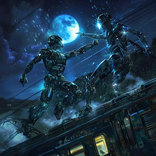 two humonaid (half human/half android robots) fist fighting each other on top of a moving train at night under a glimmer of blue moonlight