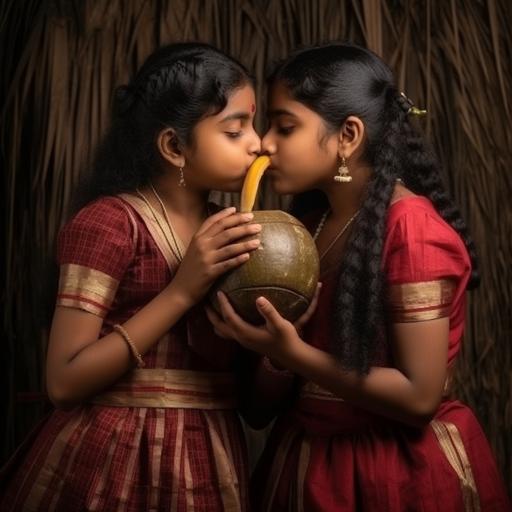 two indian girls sharing tender coconut with straw and kissing