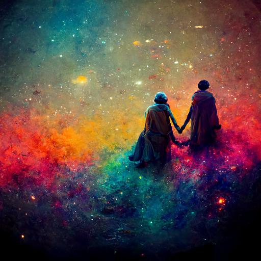 two lovers and best friends in a colorful galaxy