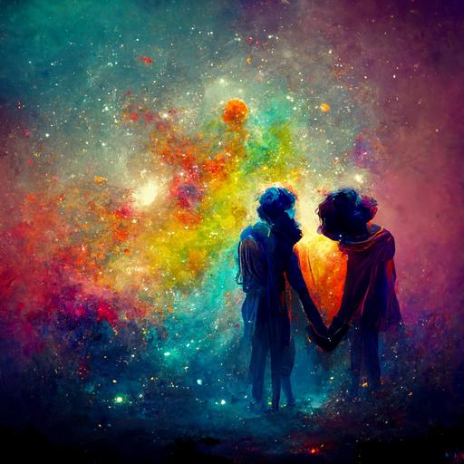 two lovers and best friends in a colorful galaxy