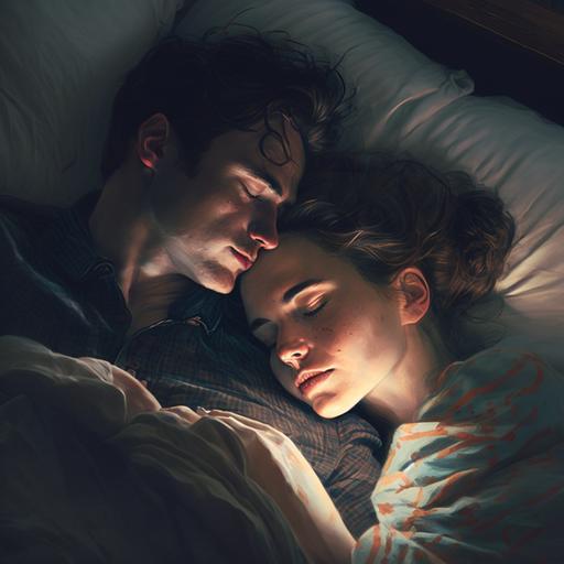 two lovers sleeping next to each other in a bed, romantic, low light, hyper realistic