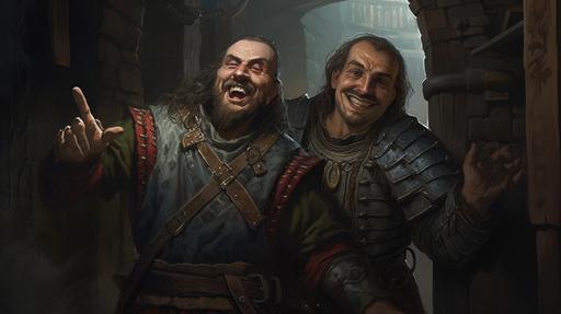 two male medieval commoner scoundrels pointing and laughing at the camera, very dark lighting, surrounded by dungeon walls, oil painting --ar 16:9