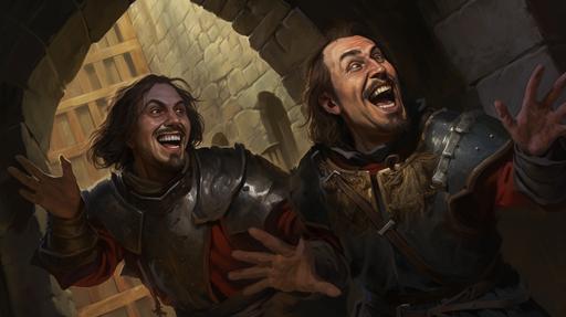 two male medieval commoners pointing and laughing at the camera, very dark lighting, surrounded by dungeon walls, water color painting --ar 16:9