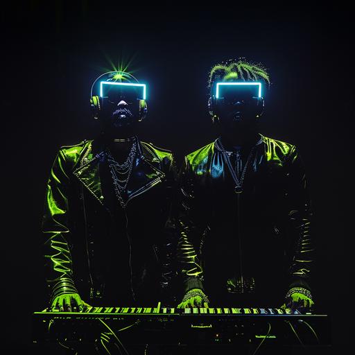 two man neue metal band lineup in digital 8 bit neon green shirts under their futuristic black jackets,metal core,darkwave,keyboards,solid black background  --v 6.0 --s 500