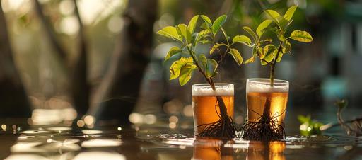 two mangroves growing in glasses of beer --v 6.0 --ar 25:11