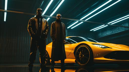 two men in black and yellow outfits, leather/hide, in front of a futuristic sportcar, black and yellow, in the style of heavy metal, neopunk aesthetics, dark teal and light orange, luminogram, high quality, unsplash --ar 16:9