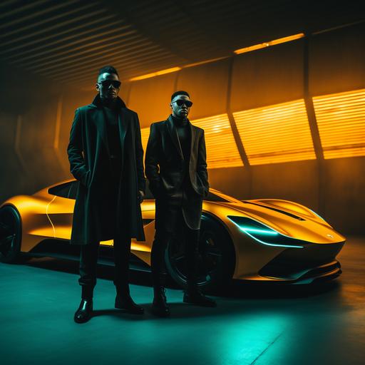 two men in black and yellow outfits, leather/hide, in front of a futuristic sportcar, black and yellow, in the style of heavy metal, neopunk aesthetics, dark teal and light orange, luminogram, high quality, unsplash