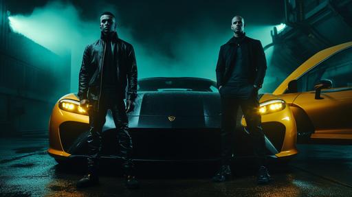 two men in black and yellow outfits, leather/hide, in front of a futuristic sportcar, black and yellow, in the style of heavy metal, neopunk aesthetics, dark teal and light orange, luminogram, high quality, unsplash --ar 16:9