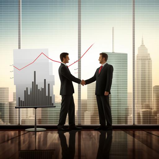 two men in black suit shaking hands, upward arrow chart office background, realistic