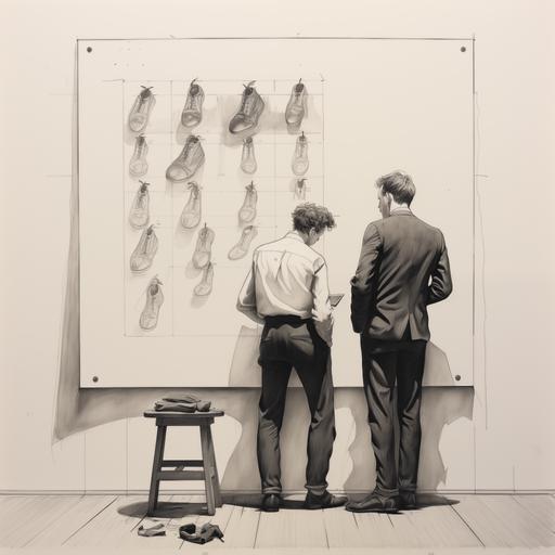 two men looking at a drawing board with a shoe sketched on the board, wide shot from behind