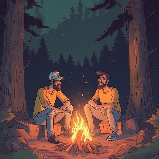 two men sit near a campfire. cartoon.