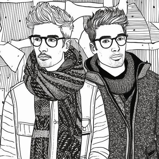 two men, vintage knitwear, cowpunk, cottagecore, in love: style of colouring book, illustration, marker, thick lines, black and white, line art, vector art --q 2 --s 750 --v 5.1