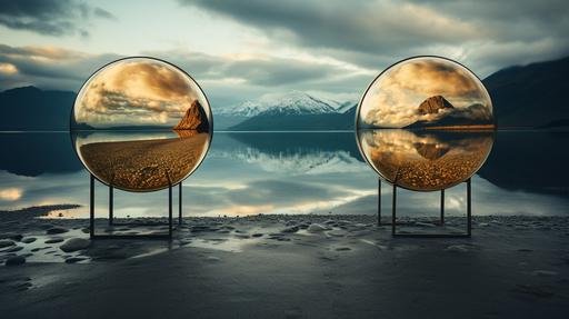 two mirrors that face eachother reflecting infinite copies of each other framed symetrically --ar 16:9 --style raw --s 400