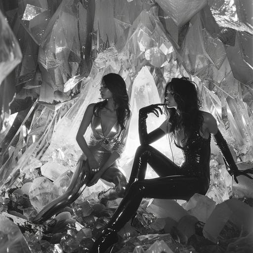 two models in latex enjoying their fashion in a giant crystal cave --v 6.0