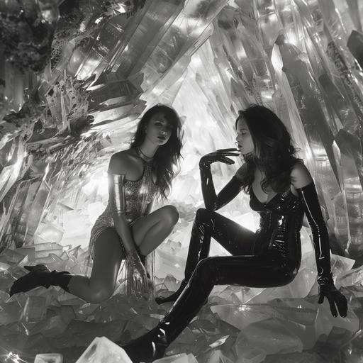 two models in latex enjoying their fashion in a giant crystal cave --v 6.0