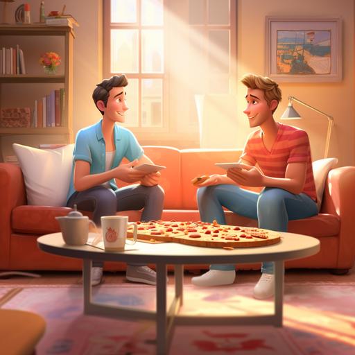 two nice guys talking on a sofa - parquet flooring - bright colors - Disney cartoon - pepperoni pizza on low table