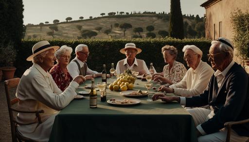 two old money style man wearing Ralph Lauren playing tennis beside their family and wives sitting on a table having a tea and picnic, Cinematic, from below, side view, golden hour, on Tuscany Italy, Fujifilm colour --ar 16:9