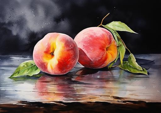 two peaches on the table, watercolor painting, vivid colors, black blurred background, --ar 20:14