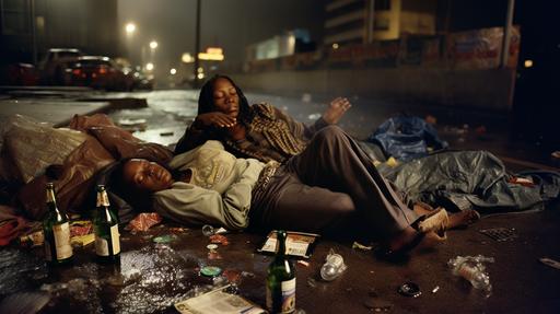 two people, 1: a female african streetwalker working girl in fishnets and high heels 2: a drunk and passed out homeless santa claus sleeping on a dirty sidewalk at night while raining and cold weather by beer bottles, herion needles, and trash, full body, wide angle, sharp focus on face, shot on hasselblad, f/5.6, sharpen details, hyper detailed, 8k HD, high resolution, sharp focus, --q 2 --v 5 --ar 16:9
