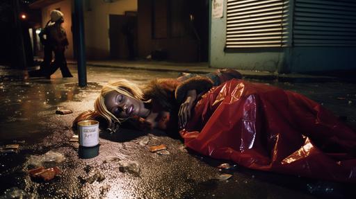 two people, 1: a female african streetwalker working girl in fishnets and high heels 2: a drunk and passed out homeless santa claus sleeping on a dirty sidewalk at night while raining and cold weather by beer bottles, herion needles, and trash, full body, wide angle, sharp focus on face, shot on hasselblad, f/5.6, sharpen details, hyper detailed, 8k HD, high resolution, sharp focus, --q 2 --v 5 --ar 16:9