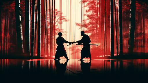 two people are fighting, jed lightsaber duel, surrounded by japanese architecture bamboo forest, torii gate shinto shrine, in the style of akira kurosawa --ar 16:9