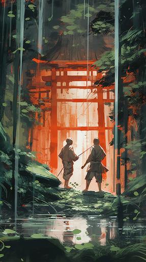 two people are fighting, jed lightsaber duel, surrounded by japanese architecture bamboo forest, torii gate shinto shrine, in the style of akira kurosawa --ar 9:16