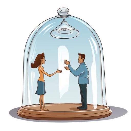 two people communicating inside a glass bell, cartoon style