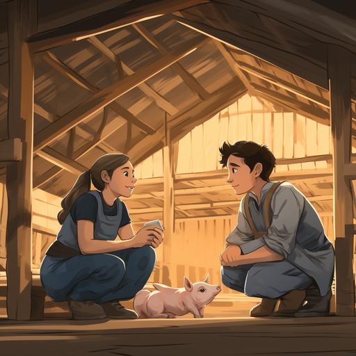 two people having a conversation in a barn with pigs, cartoon drawing style