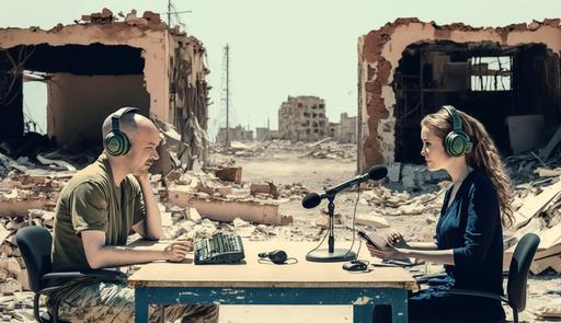 two people recording a podcast against the backdrop of a destroyed world realistic, --ar 16:9