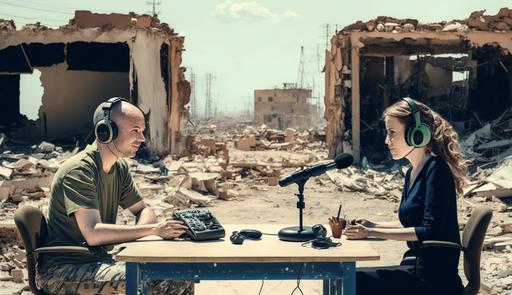 two people recording a podcast against the backdrop of a destroyed world realistic, --ar 16:9