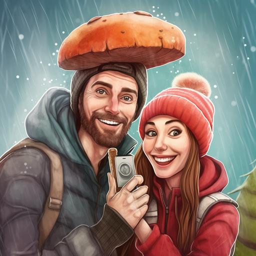 two people selfie, funny expression holding big porcini mushroom in the rain, realistic style