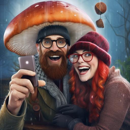 two people selfie, funny expression holding big porcini mushroom in the rain, realistic style