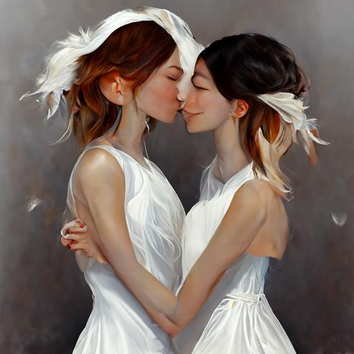 two perfect lesbians kissing , hugging , love, marriage, in white dress, background hyper realistic.