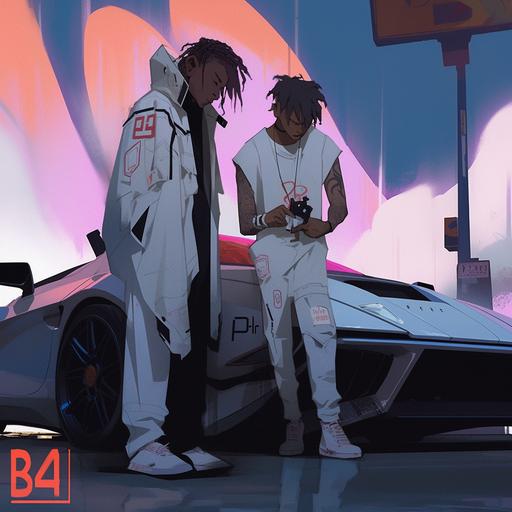 two persons in foreground, white and neon colors, modern, futuristic mood, two black male hip hop rappers, manga and anime style, white clothes, at the gas station, filling station, gasoline, above an lamborghini, extreme perspective, cinematic composition, dramatic artificial club lighting, swag, holographic, dynamic composition, neon light, foggy, spotlight, chromatic aberration --s 750 --niji 5 --style expressive