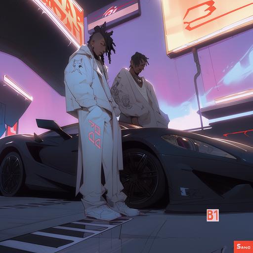 two persons in foreground, white colors, modern, futuristic mood, two black male hip hop rappers, manga and anime style, white clothes, at the gas station, filling station, gasoline, above an lamborghini, extreme perspective, cinematic composition, dramatic artificial club lighting, swag, holographic, dynamic composition, neon light, foggy, spotlight, chromatic aberration --s 750 --niji 5 --style expressive
