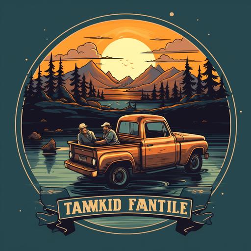 two pick-up trucks. the trucks are facing one another. there are two fishermen hugging. the trucks are at a lake. there are fish in the lake. cartoon logo style for shirt