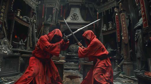 two red robed cultists cross swords as the practice the art of sword fighting in the war room, surrounded by swords and bladed weapons, cinematic --ar 16:9