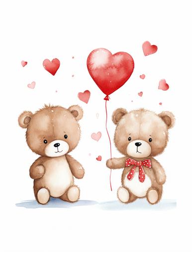 two scandi style, watercolor, handpainted, storybook minimalist style baby tatty teddy bears with hearts, white background --ar 3:4
