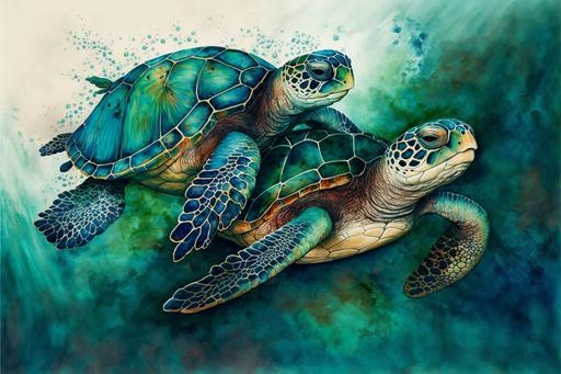 two sea turtles, best friends, water color, deep blue and green, incredible detail and style --ar 3:2 --v 4
