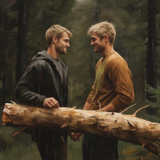 two skinny blonde men carry a log of wood in the middle of a rainstorm. they're smiling at each other tenderly
