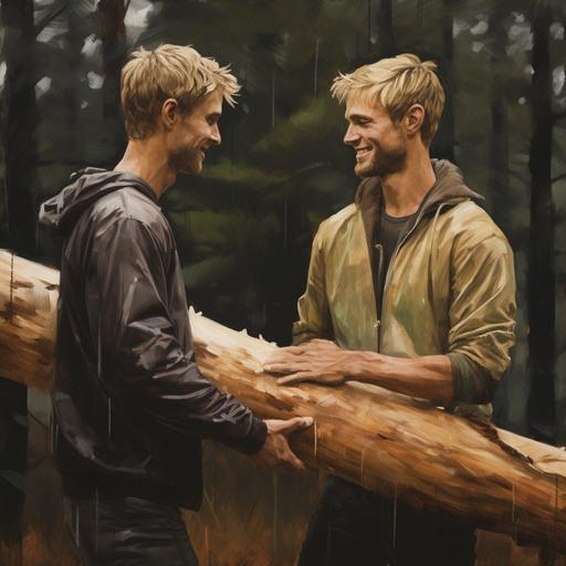 two skinny blonde men carry a log of wood in the middle of a rainstorm. they're smiling at each other tenderly