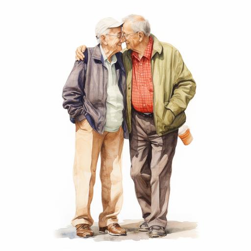two spanish old men kissing, watercolor, white background, full body image, standing, wearing shoes