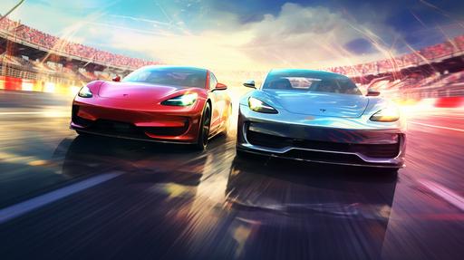 two sports cars on a race track; one's logo is BYD, the other Tesla Model 3; BYD is winning the race, Tesla is behind; bright painting artstyle; --ar 16:9