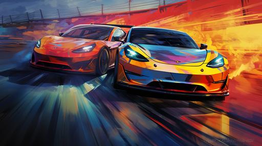 two sports cars on a race track; one's logo is BYD, the other Tesla Model 3; BYD is winning the race, Tesla is behind; bright painting artstyle; --ar 16:9